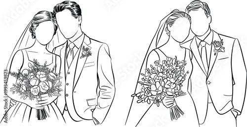 Romantic newlyweds illustration showing bride and groom embracing with floral bouquet design