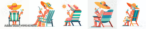 vector of a grandma sitting relaxed on a beach chair drinking ice in the summer back view
