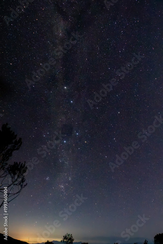 Stunning Milky Way galaxy and Southern Cross constellation over the dark Andes mountains in Argentina, featuring a starry night sky landscape.