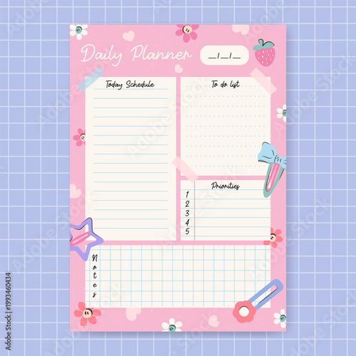 Pink Daily planner template decorated with cute girly hairpins, bows, and flowers. Printable organizer for managing daily tasks and setting goals. Stationery design for planning and scheduling.
