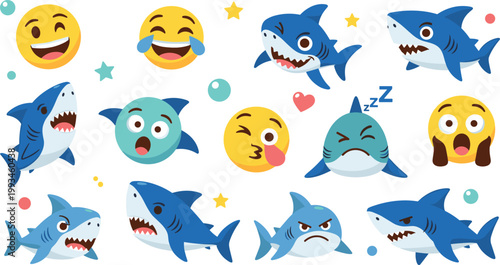 Funny Shark and Emoji Character Set with Cartoon Expressions and Emotions for Social Media Design, Stickers, Messaging Apps, and Vector Illustration Collection.