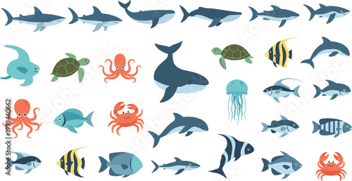 Marine Animals Collection with Whales, Sharks, Fish, Octopus, Turtle, and Ocean Creatures for Underwater Design, Educational Illustration, Stickers, and Vector Graphics Set.