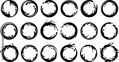 Black ink splash circle frames and liquid paint ring borders, featuring dynamic brush strokes and zen enso silhouettes for creative graphic design elements.