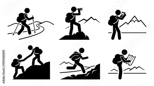 Hiking and trekking icon set for outdoor adventures and activities