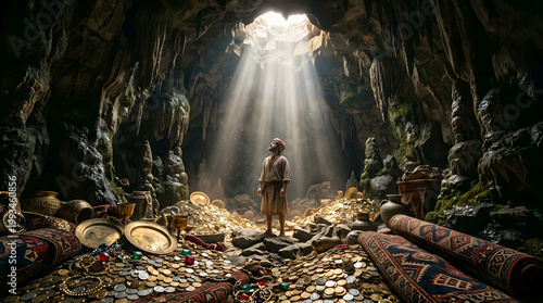 Man in ancient robe stands amidst treasure trove of gold coins and jewels in mysterious cave with sunbeams