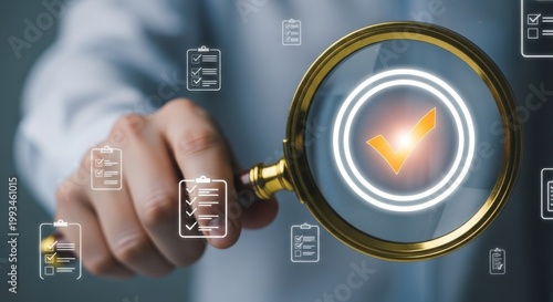Quality assurance inspection with magnifying glass, business compliance and standards check, digital document verification process