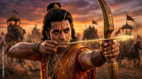 Rama prepares to fire arrow from ornate bow in ancient battle