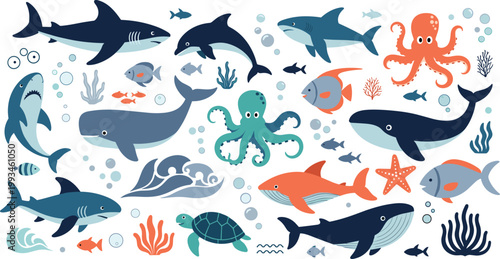 Ocean Animals Collection with Sharks, Whales, Octopus, Fish, and Marine Elements for Underwater Design, Educational Illustration, Stickers, and Vector Graphics Set.