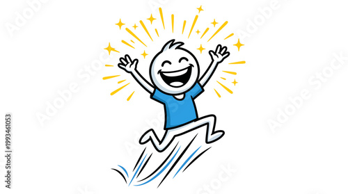 Happy cartoon character jumping with joy and sparkles radiating outward