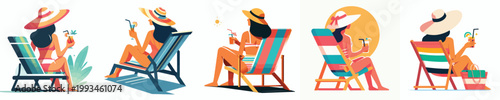 vector of a woman sitting relaxed on a beach chair drinking ice in the summer back view