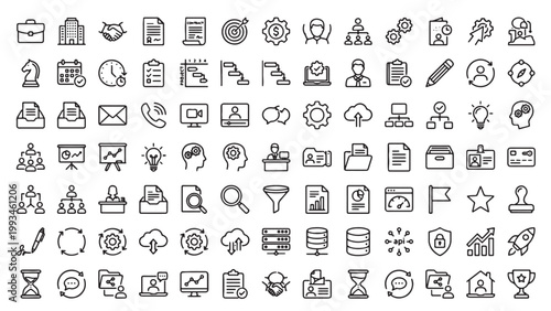 Comprehensive business and office management outline icon collection for corporate app, HR platform, project workflow, or professional UI design