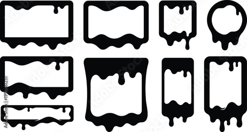 Black dripping ink frames and liquid paint border silhouettes featuring melting slime banners and gooey ooze badges for grunge graphic design templates.