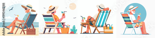 vector of a grandpa sitting relaxed on a beach chair drinking ice in the summer back view