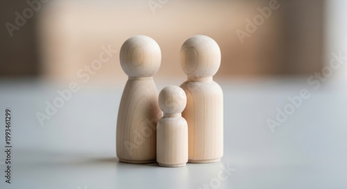 Minimalist wooden peg dolls representing a small family, natural wood figurines of parents and child, symbolic family unit concept on neutral background