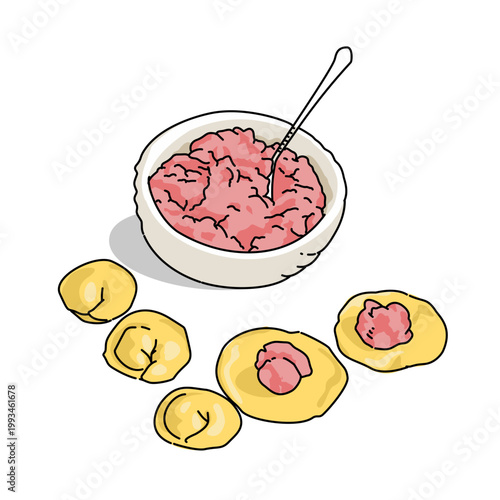 a bowl of meat and some tortellini pasta dough skin. Cooking a pastry ini the kitchen