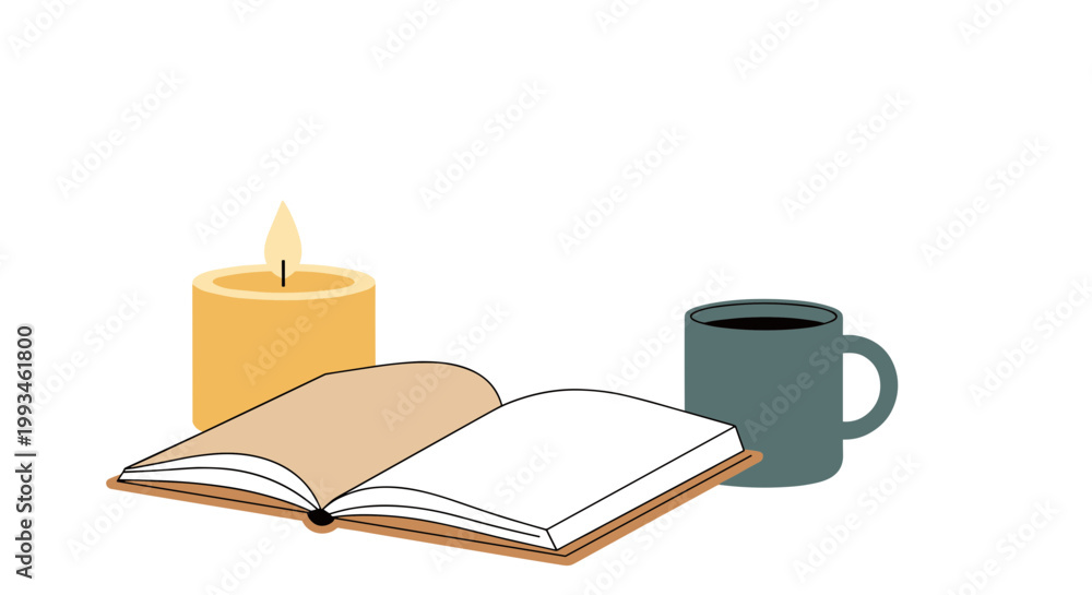 Fototapeta premium A minimalist vector illustration of a book, candle, and coffee mug on a plain background