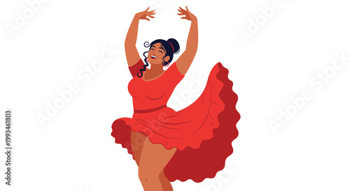 A vibrant illustration of a woman dancing in a red dress