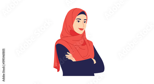 A confident woman wearing a hijab and crossing her arms in a modern illustration