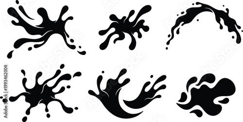 Black ink splatters and liquid paint splashes, featuring isolated fluid droplets, abstract messy stains, and vector blobs for grunge graphic design elements.