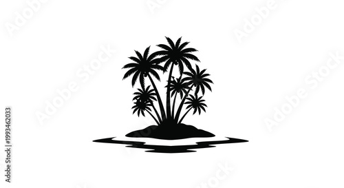 A tropical island with several palm trees depicted in stark black silhouette