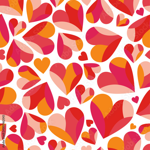 A seamless pattern of appliqué hearts, a vibrant pattern for wrapping paper and fabric, Valentine's Day decor, pink hearts assembled from pieces and arranged randomly on the pattern.