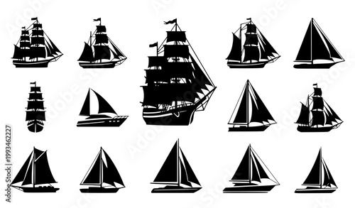 Sailboat silhouette vector set flat maritime ship icons illustration