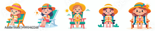 vector of a little girl sitting relaxed on a beach chair drinking ice in the summer front view