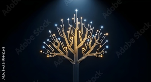 Golden Circuit Board Tree with Glowing LED Nodes — Digital Technology and Nature Growth Concept