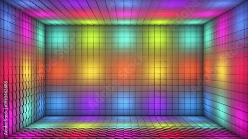 Broadcast Pulsating Switching Hi-Tech Blinking Illuminated Cubes Room Stage, Multi Color, Events, 3D, Loopable, 4K
