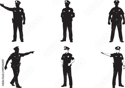 Police officers in black one signaling a striking silhouette. Police officers at signals vector illustration.