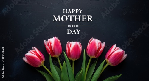 Happy Mother Day greeting card with pink tulips, spring flowers on dark black background, elegant floral banner for holiday celebration