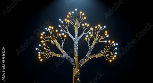Golden Circuit Board Tree with Glowing LED Nodes — Digital Technology and Nature Growth Concept
