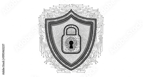 Digital security shield with padlock icon and circuit board pattern.