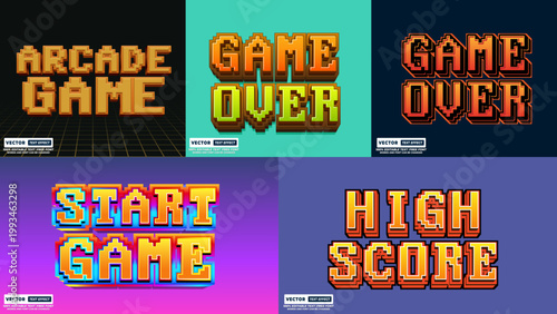 Pixelated game text styles for start game over high score with old school typography entertainment computer nostalgia challenge competition interface illustration template outlined gameplay.