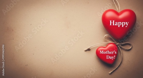 Happy Mother's Day greeting card with red hearts, rustic twine bow on vintage paper background, romantic love concept for holiday celebration