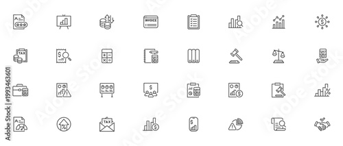 Accounting web icon in line style. Assessment, calculator, check mark, auditing, inspection, investment, calculation, analytics, collection. Editable stroke.
