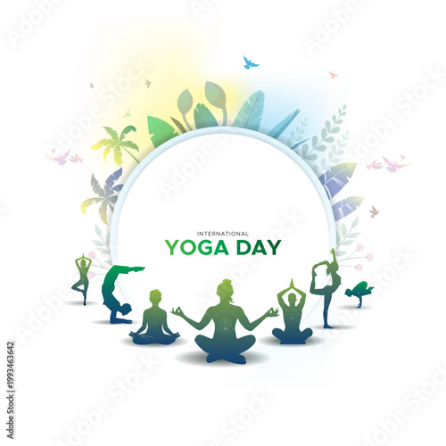 Banner design for Yoga Day promotion. Vector illustration of a group of people practicing a challenging yoga pose silhouette.