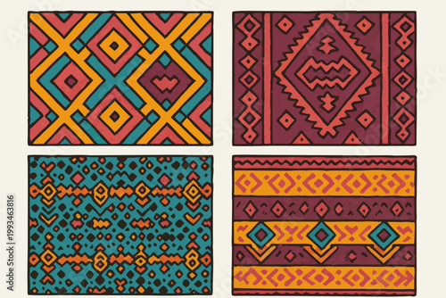 A collection of vibrant and colorful traditional textile patterns and designs