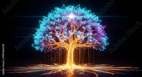 Glowing Neon Digital Tree with Cyan and Purple Leaves — Technology Nature Fusion Concept
