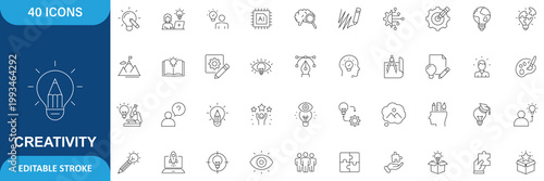 Creativity Icon Set. Containing Creative, Idea, Design, Imagination, Innovation, Inspiration, Originality, Art, Concept, Thinking and More. Editable Stroke. Vector Illustration