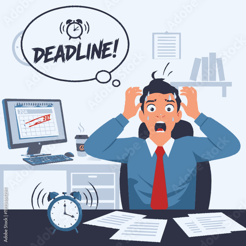 Stressed businessman panicking at his desk due to an approaching deadline, with an alarm clock ringing and a calendar on his computer screen.