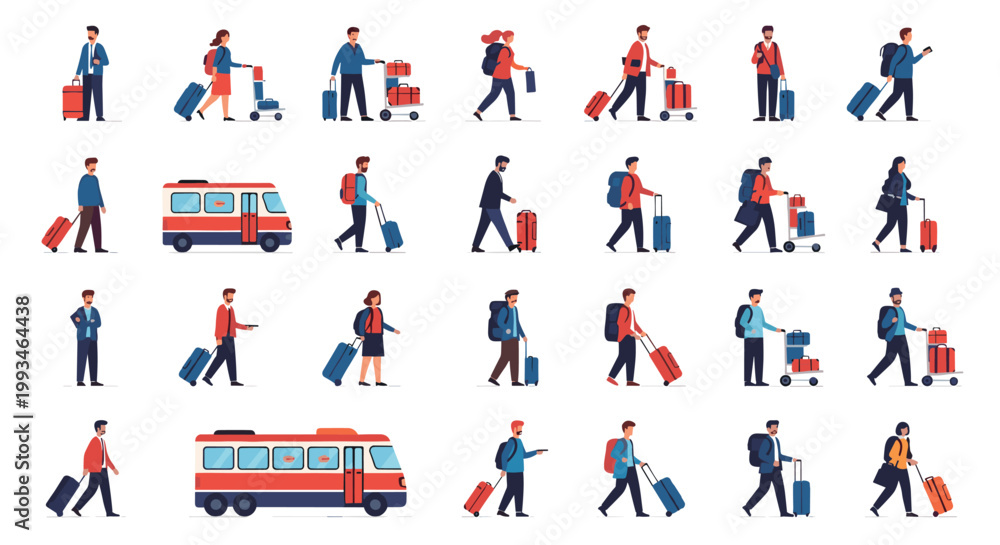 Fototapeta premium Large set of flat people characters traveling with luggage and suitcases alongside red city buses at a busy urban transportation hub.