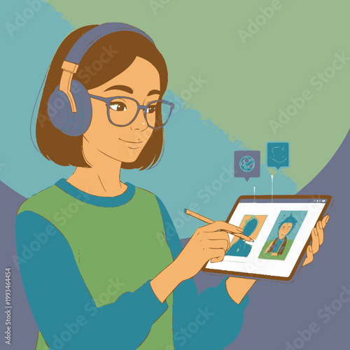 Young woman wearing headphones and glasses, using a stylus to interact with a digital tablet displaying portraits.