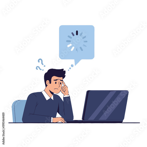 Frustrated man sitting at a desk with a laptop, experiencing a loading or buffering issue with a progress indicator.