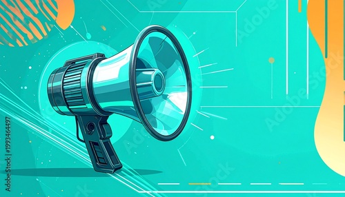 Digital megaphone illustration, futuristic communication and broadcasting design with abstract geometric light beams