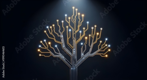 Golden Circuit Board Tree with Glowing LED Nodes — Digital Technology and Nature Growth Concept