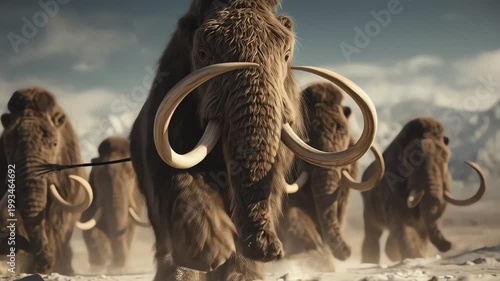 Woolly Mammoths Migrating Across Snowy Arctic Landscape