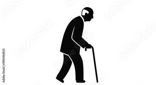 An elderly man walking with a cane viewed in profile black silhouette