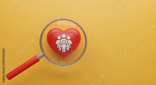 Magnifying Glass on Heart with People Icon — Customer Care and HR Talent Search Concept