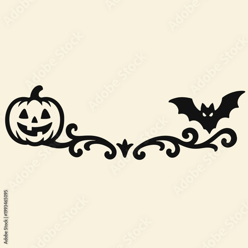Black silhouette of a jack olantern and bat on beige background with decorative swirls